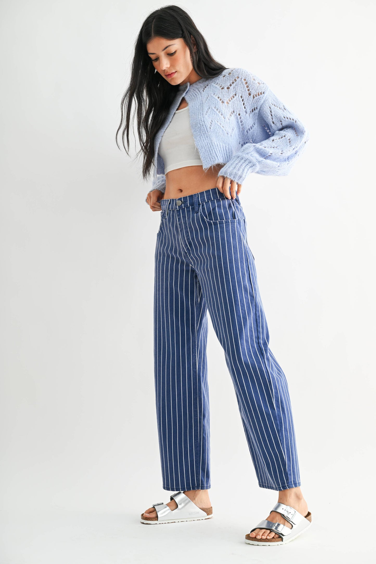 JUST BLACK DENIM NAVY STRIPE - Barrel Jean
