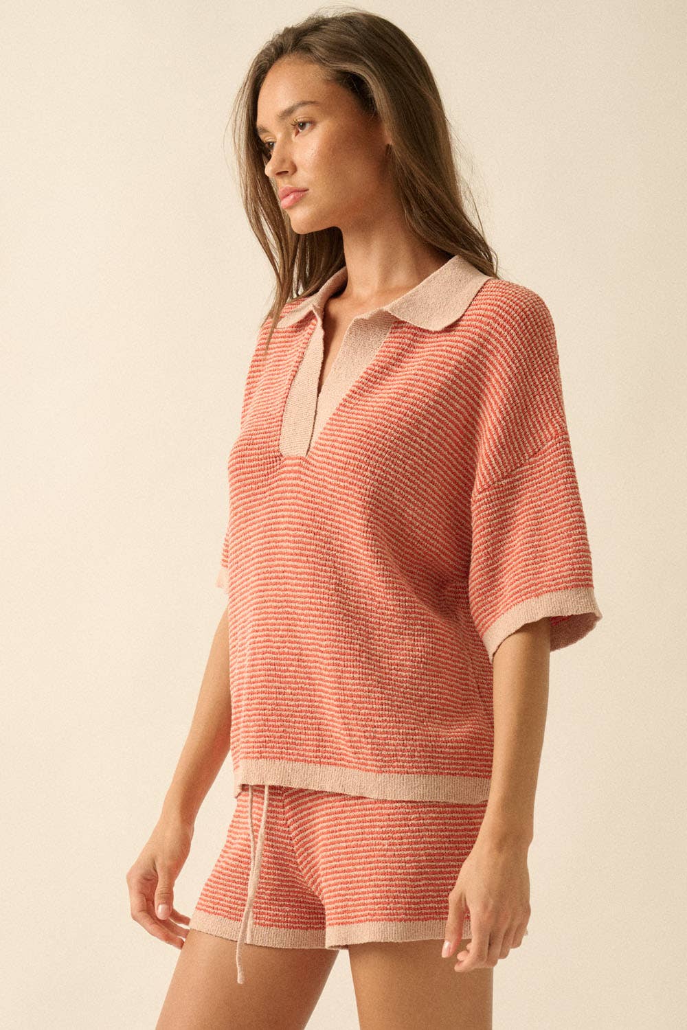 Promesa USA - Striped Rib-Knit Collared Split-Neck Top