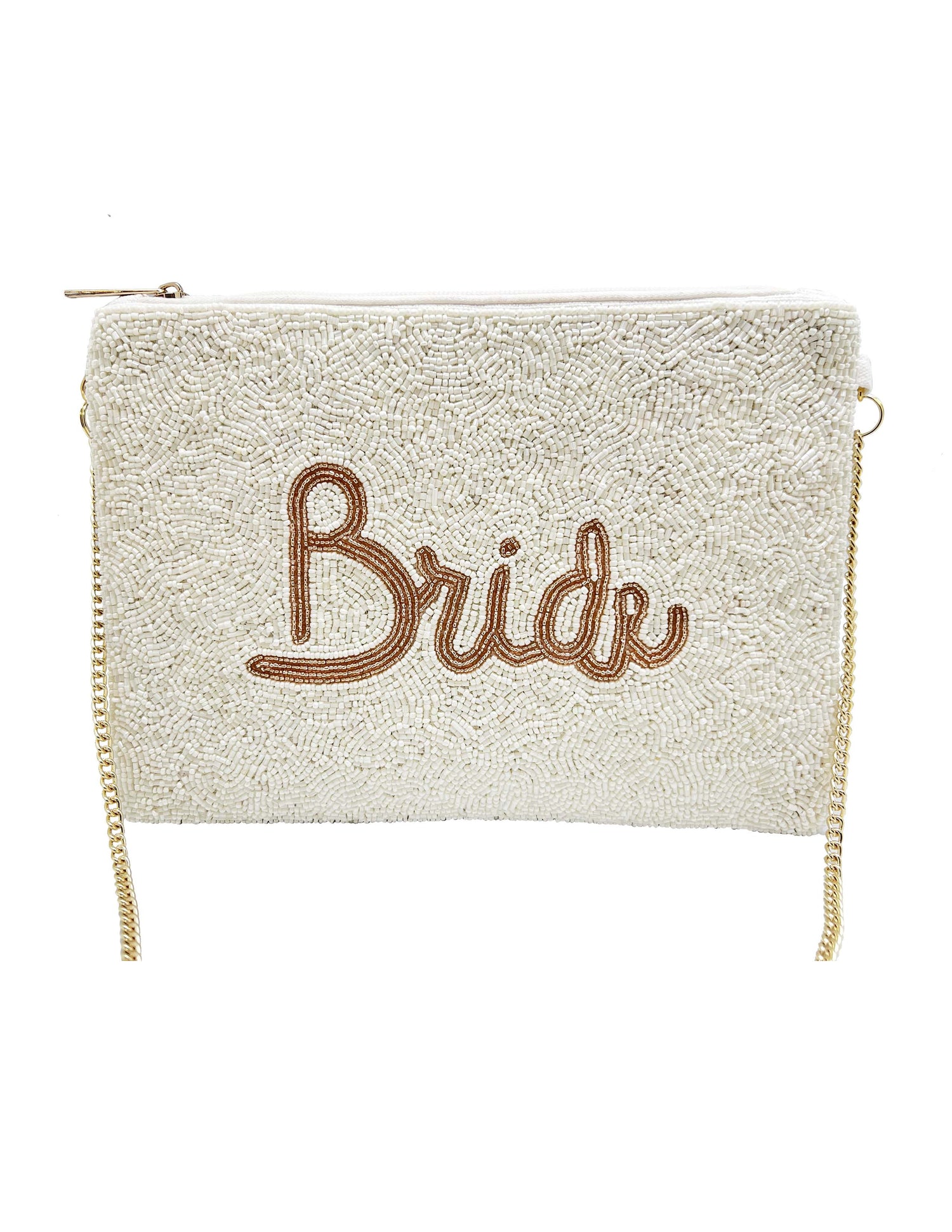 GOLD BRIDE ZIPPER TOP BEADED CLUTCH