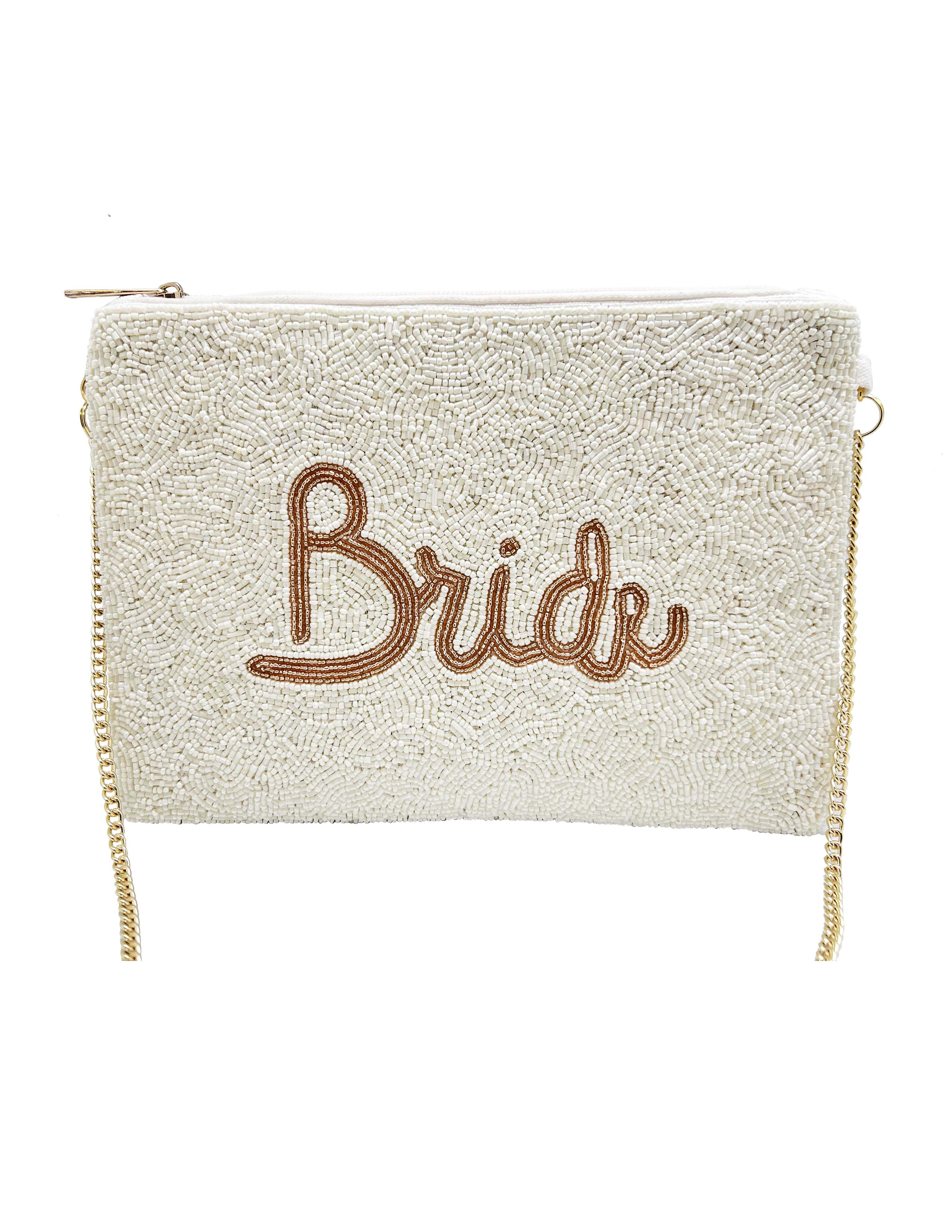 GOLD BRIDE ZIPPER TOP BEADED CLUTCH