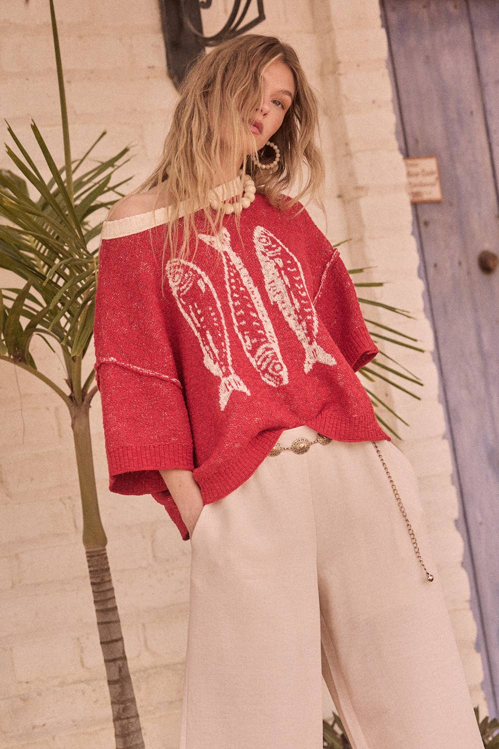 Promesa USA - Three Fishes Textured Jacquard-Knit Short-Sleeve Sweater