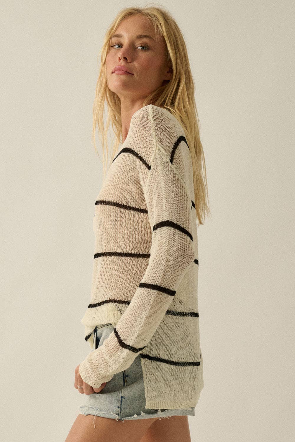 Promesa USA - Striped Semi-Sheer Lightweight Knit Loose-Fit Sweater