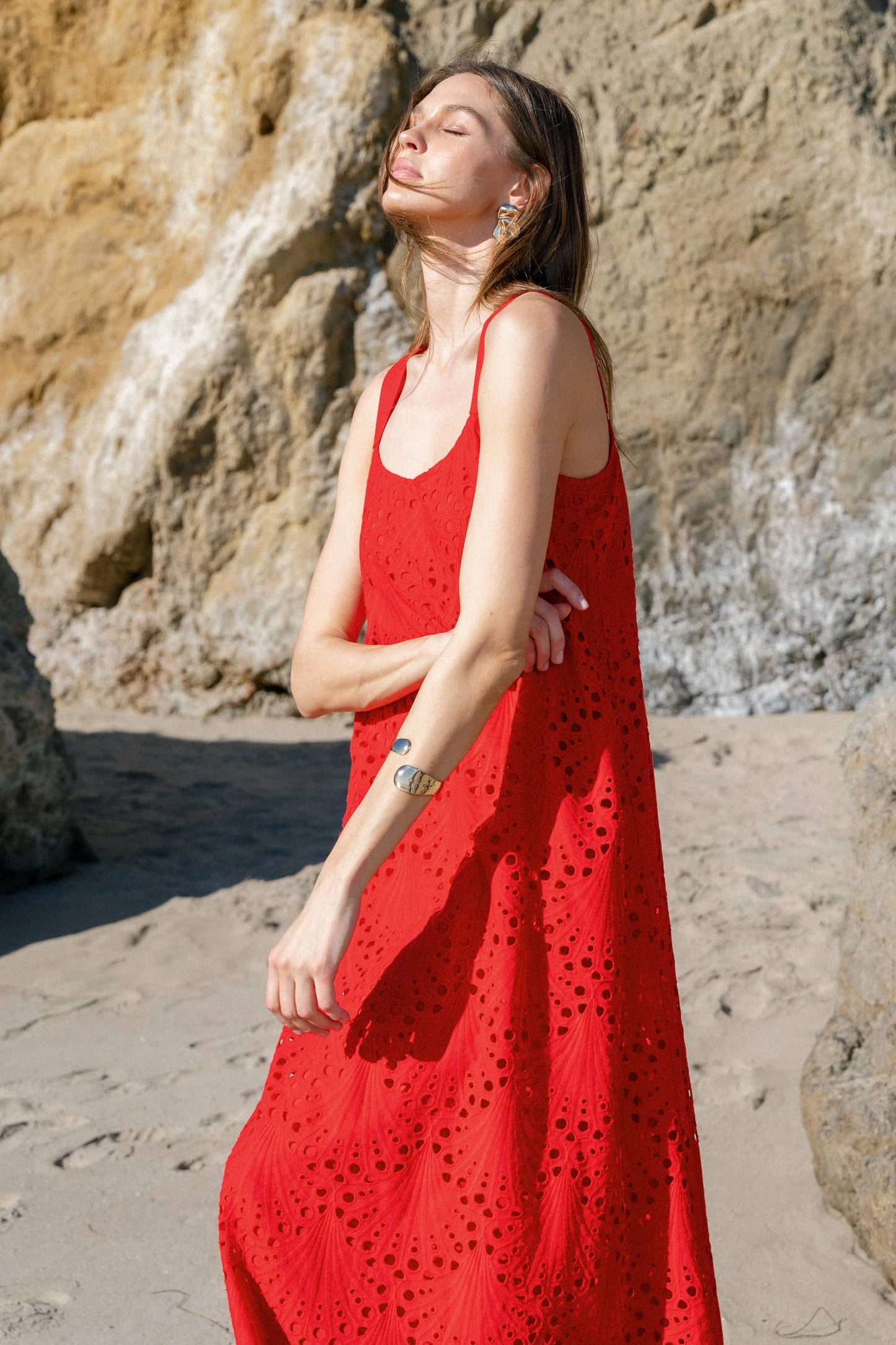 Lalavon - Sleeveless Floral Embroidery Maxi Dress