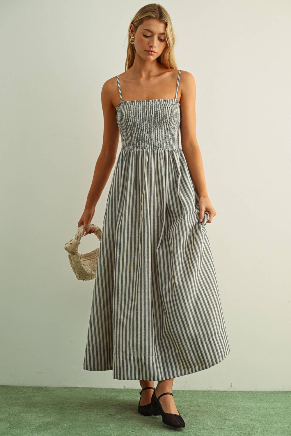 MIOU MUSE -   STRIPED FABRIC WITH SMOCKING TOP MAXI DRESS