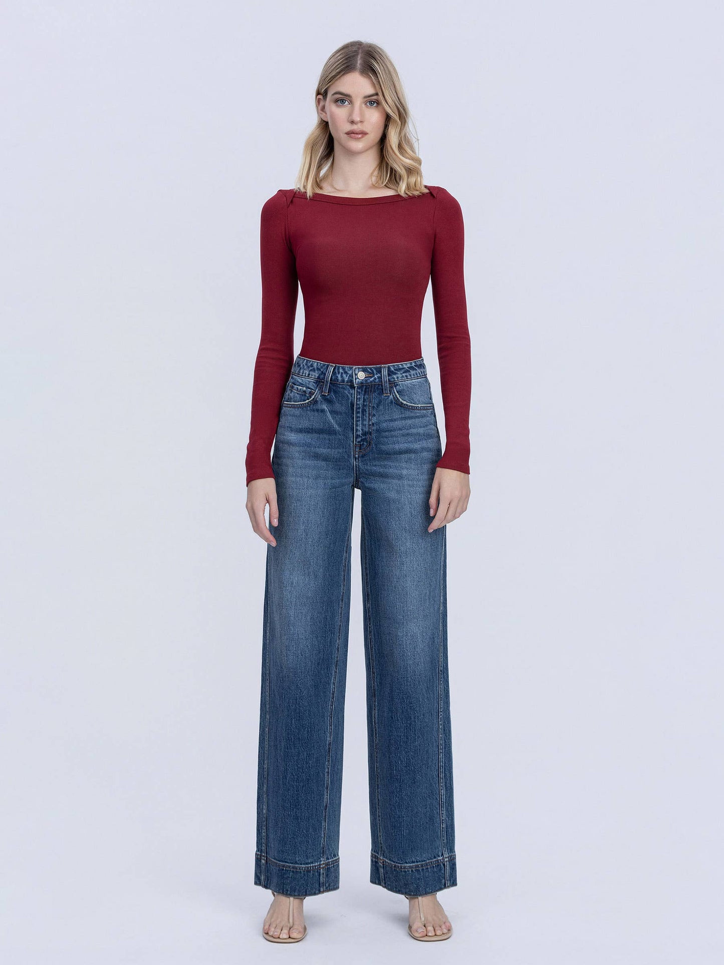 VERVET by FLYING MONKEY - SUPER HIGH RISE TROUSER HEM BAGGY WIDE LEG JEANS T7097