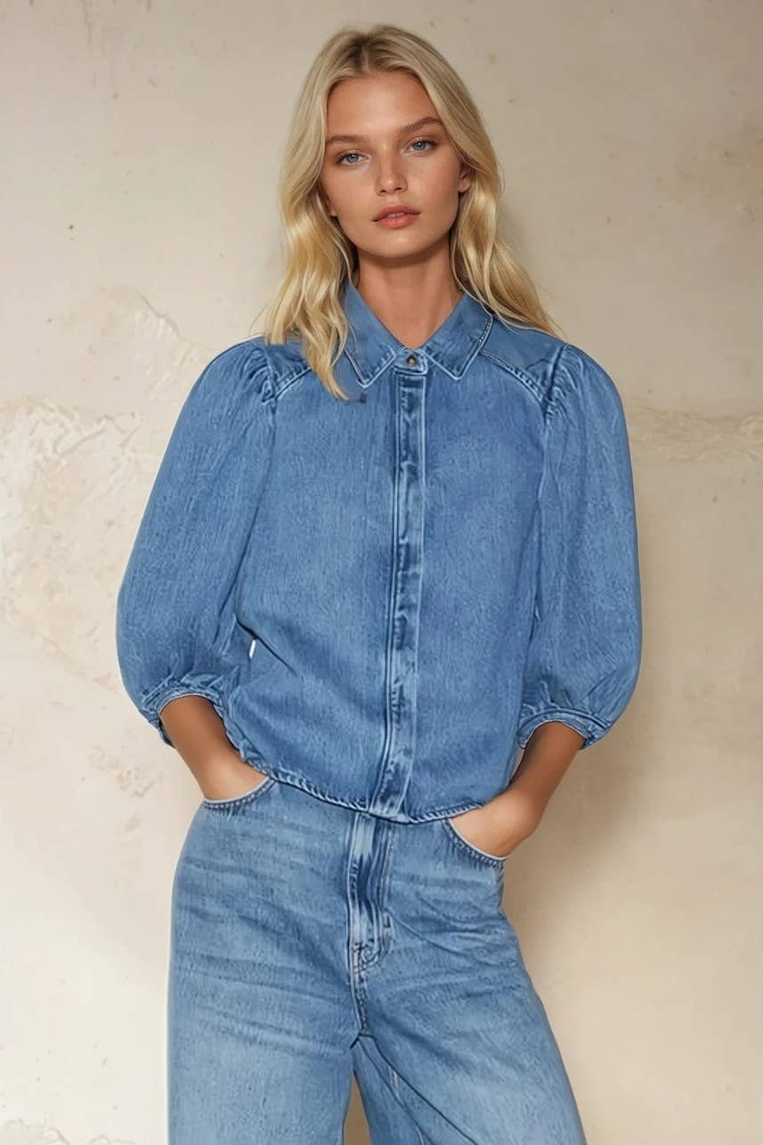 WISTERIA LANE - BALLOON SLEEVED DENIM SHIRTING