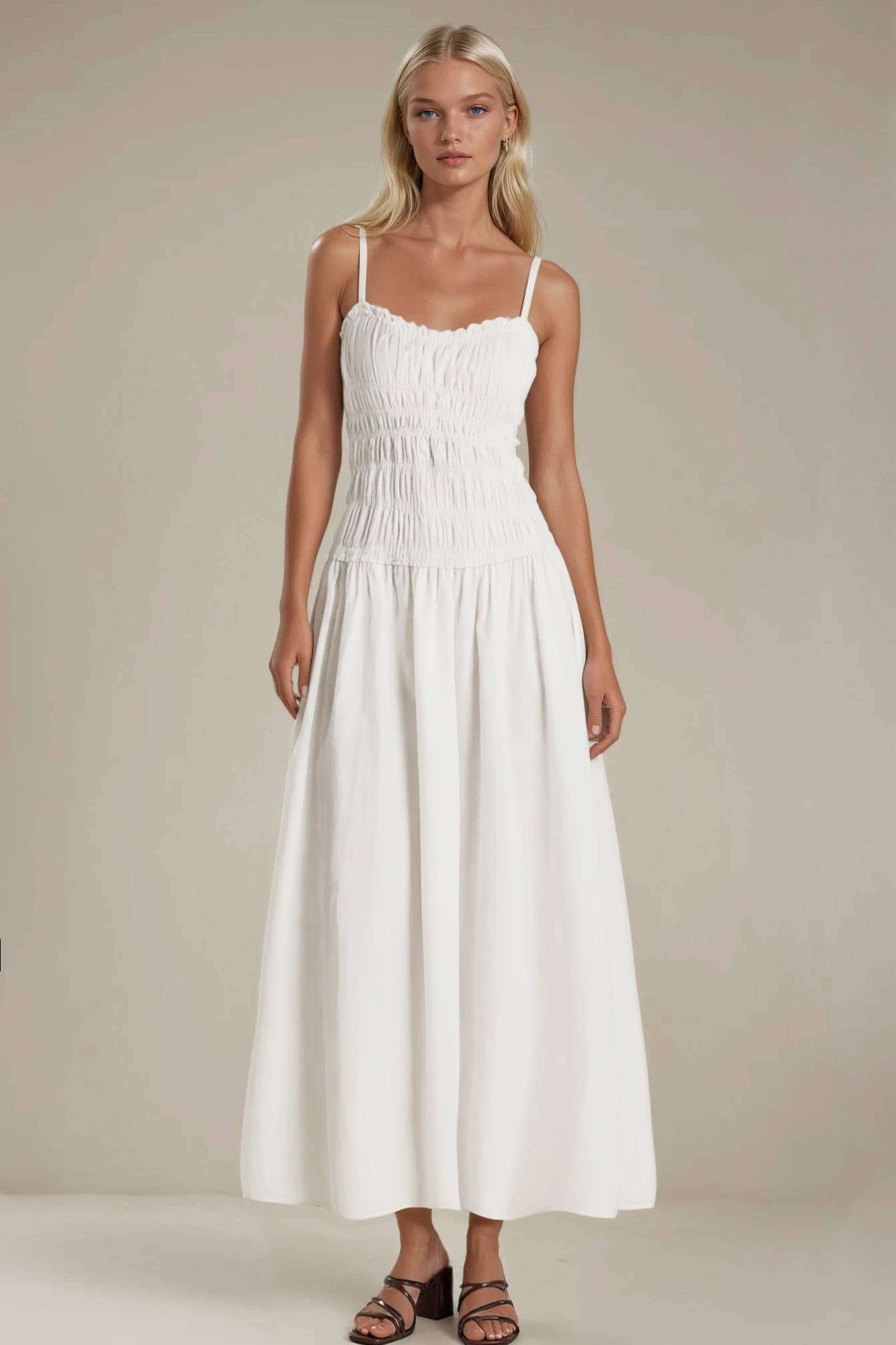 WISTERIA LANE - WHITE SMOCKED MAXI COTTON DRESS