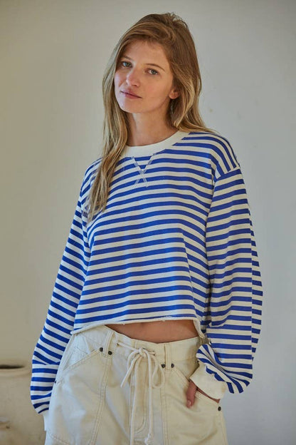 L8344 | Knit Cotton Striped Crew Neck Long Sleeve Pullover