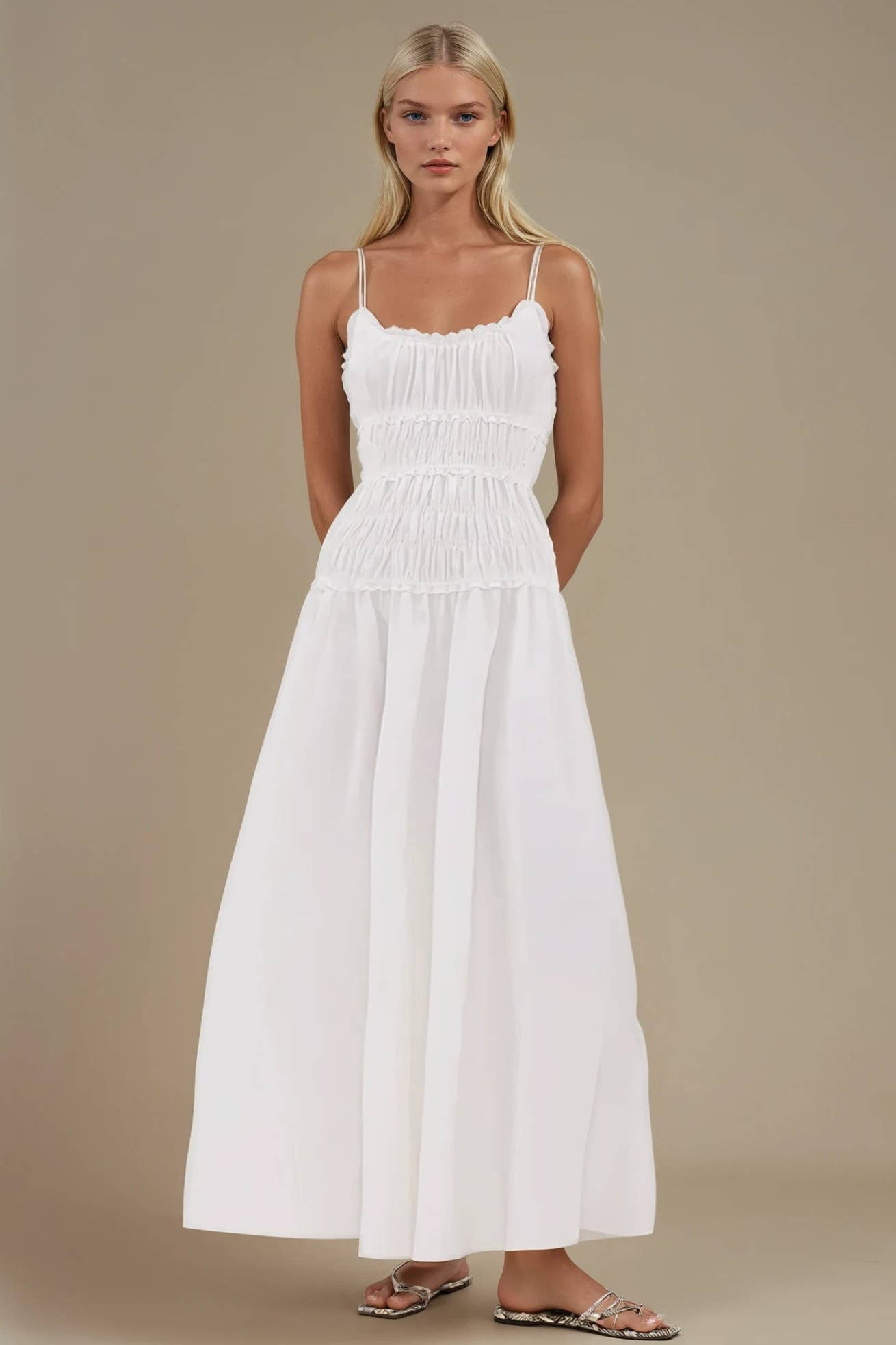 WISTERIA LANE - WHITE SMOCKED MAXI COTTON DRESS