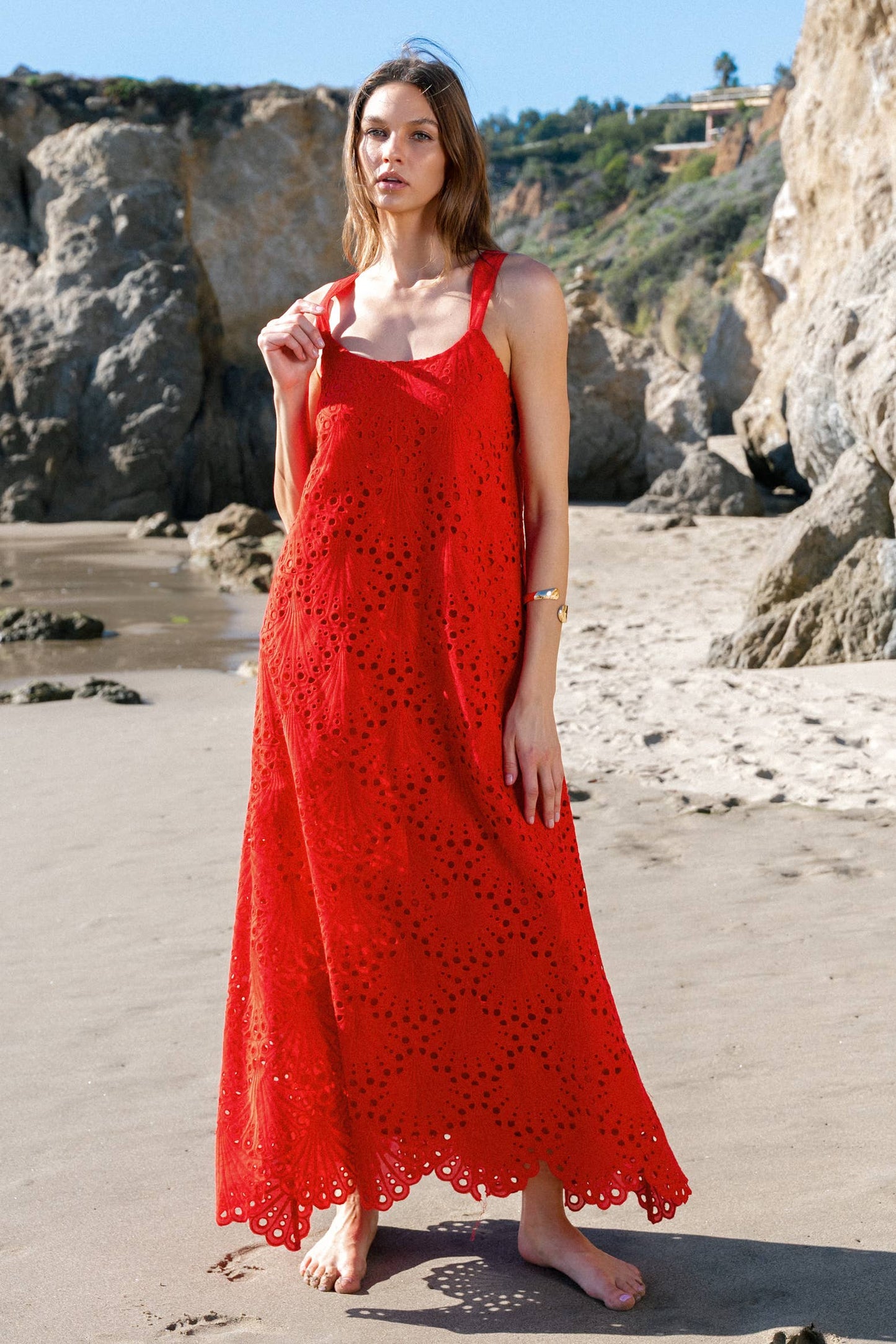 Lalavon - Sleeveless Floral Embroidery Maxi Dress