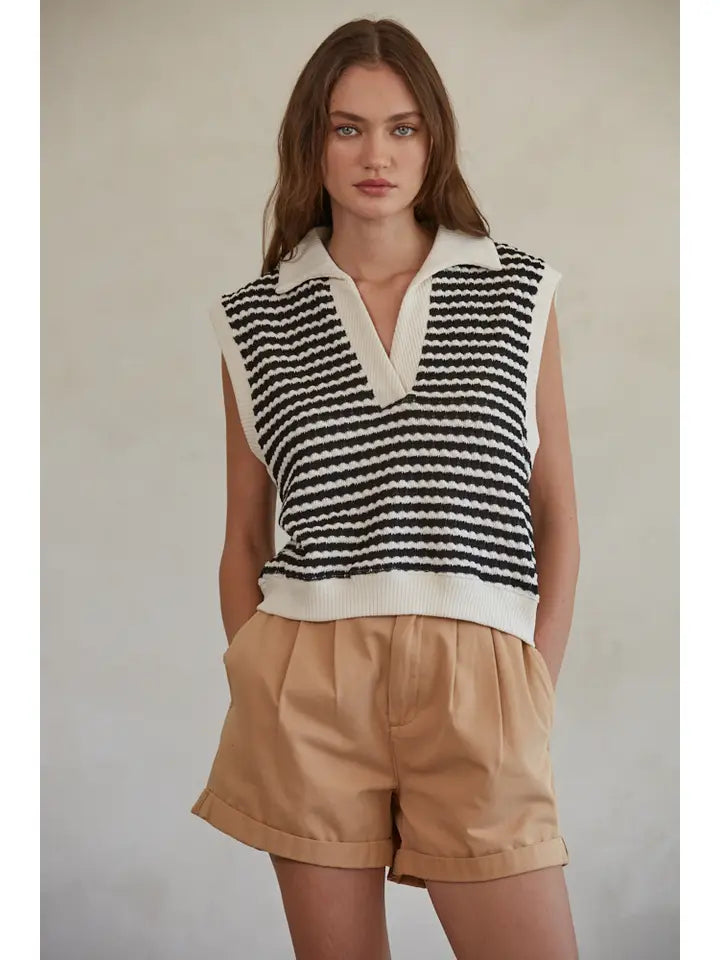 Knit Striped Collar Neck Pullover Vest
