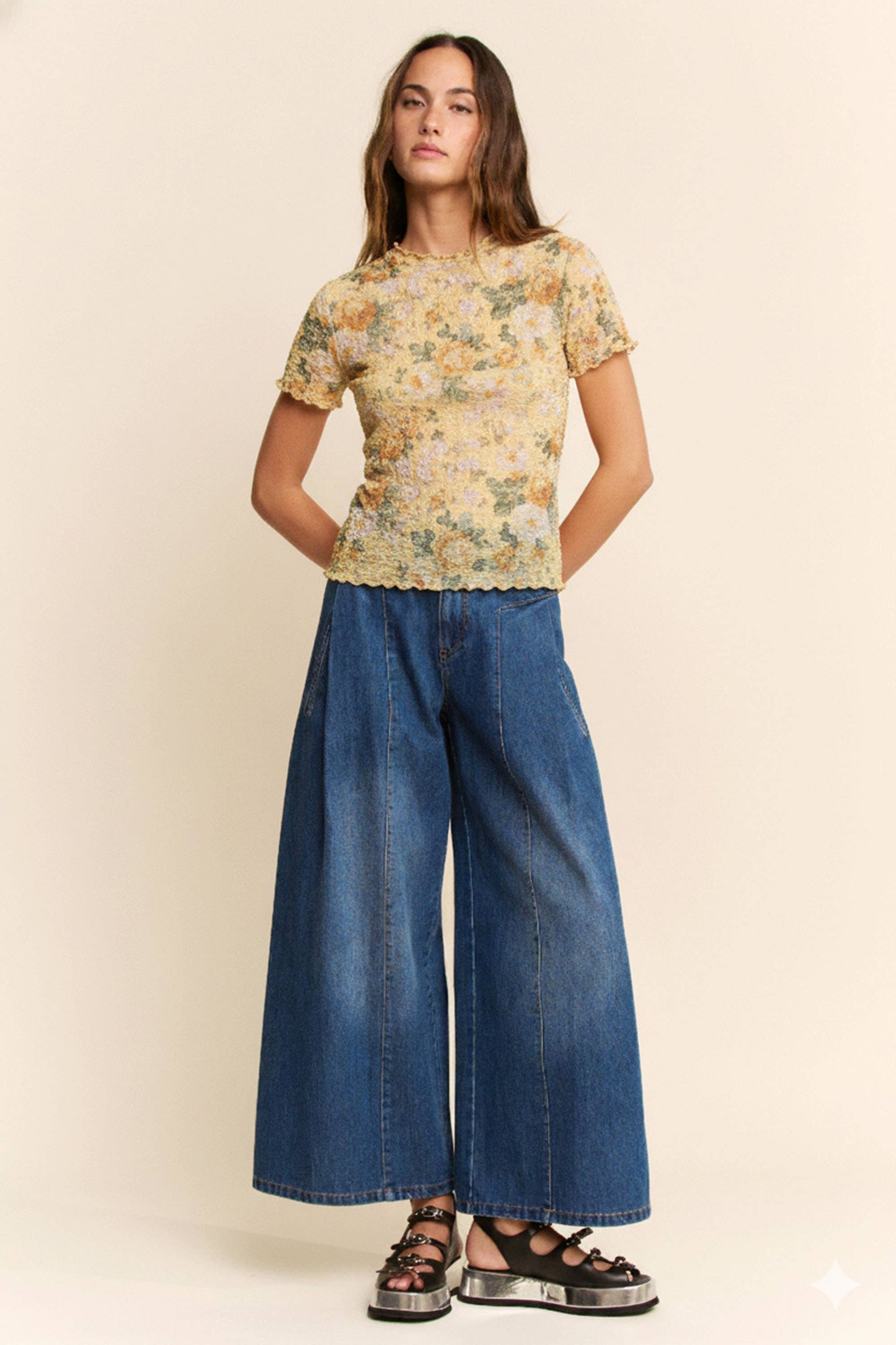 Davi & Dani - LETTUS HEM DETAIL PRINTED MESH LACE TOP