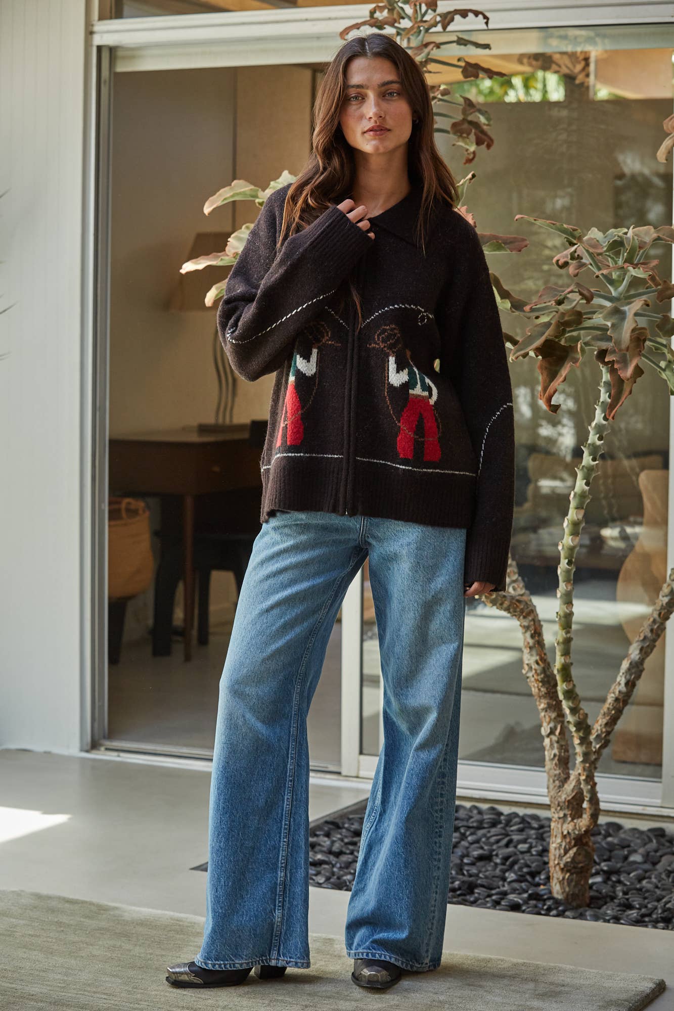 By Together Knit Sweater Print Zip-up Collar Neck Long Sleeve
