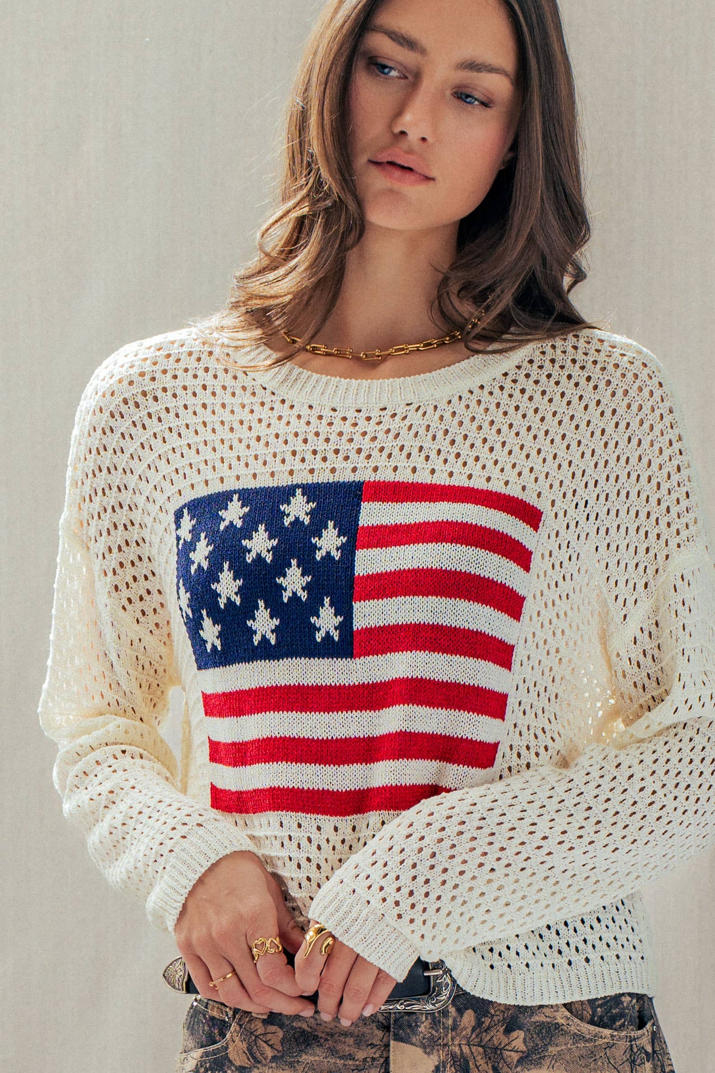 Urban Daizy - Patriotic American Flag Open Knit Sweater