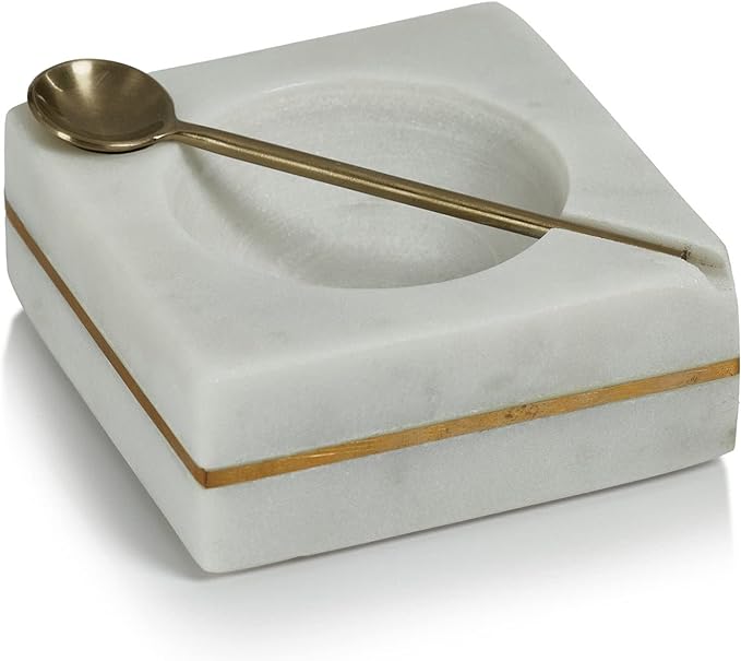 Marble Square Salt &amp; Pepper Bowl w/ Gold Spoon