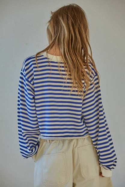 L8344 | Knit Cotton Striped Crew Neck Long Sleeve Pullover