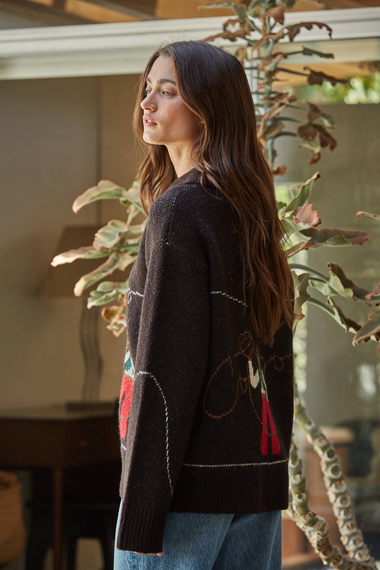 By Together Knit Sweater Print Zip-up Collar Neck Long Sleeve