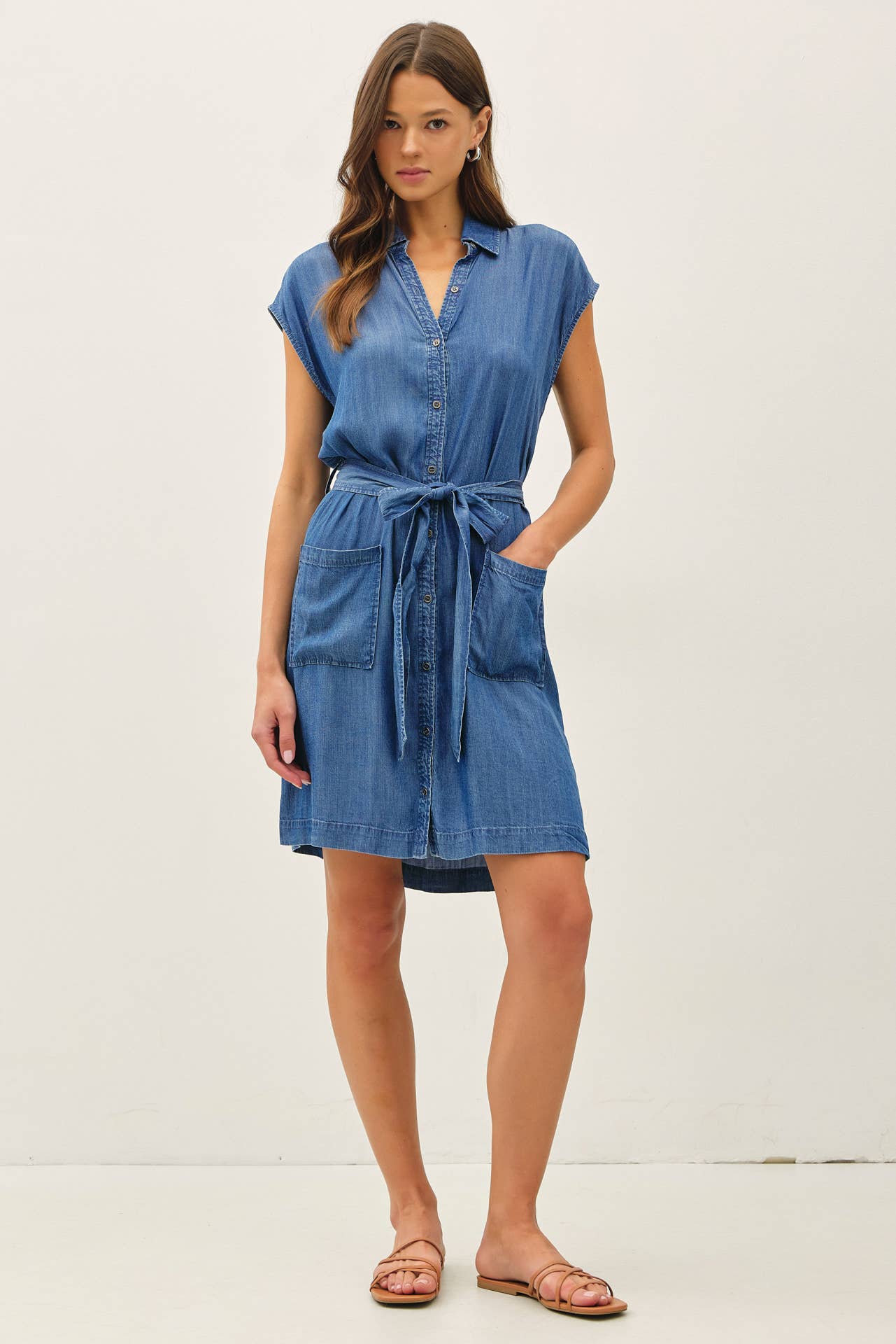 Be Cool - MINI DENIM LOOK TENCEL BUTTON UP DRESS WITH POCKETS
