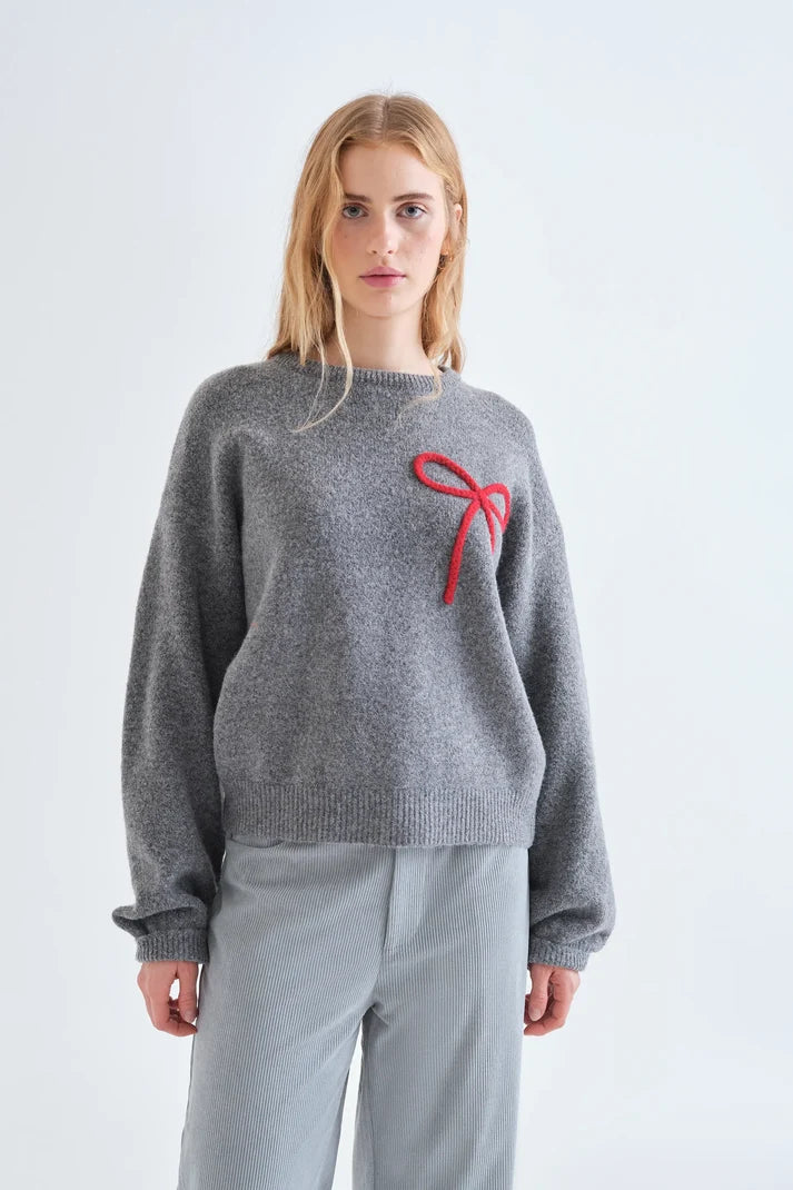 Compania Fantastică Grey Knit Sweater with Red Bow