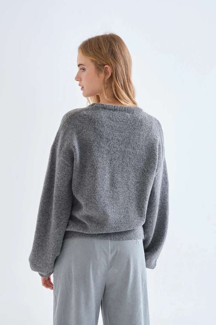 Compania Fantastică Grey Knit Sweater with Red Bow
