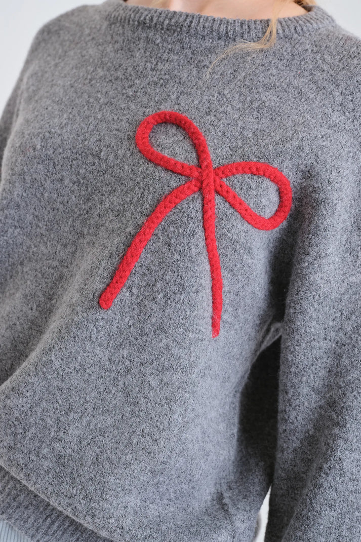 Compania Fantastică Grey Knit Sweater with Red Bow