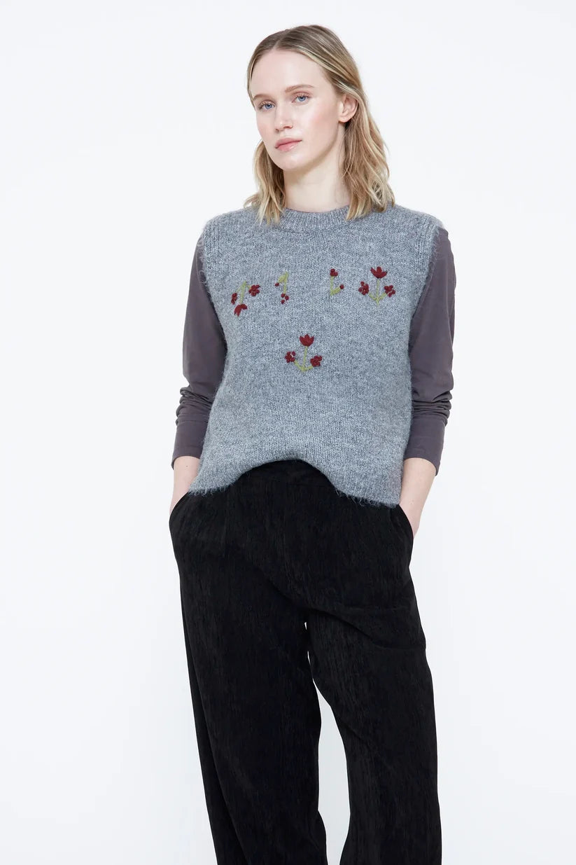Wild Pony Grey Vest with Red Flower Embroidery