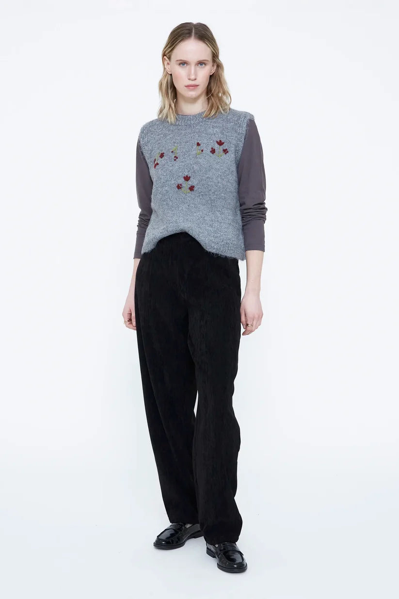 Wild Pony Grey Vest with Red Flower Embroidery