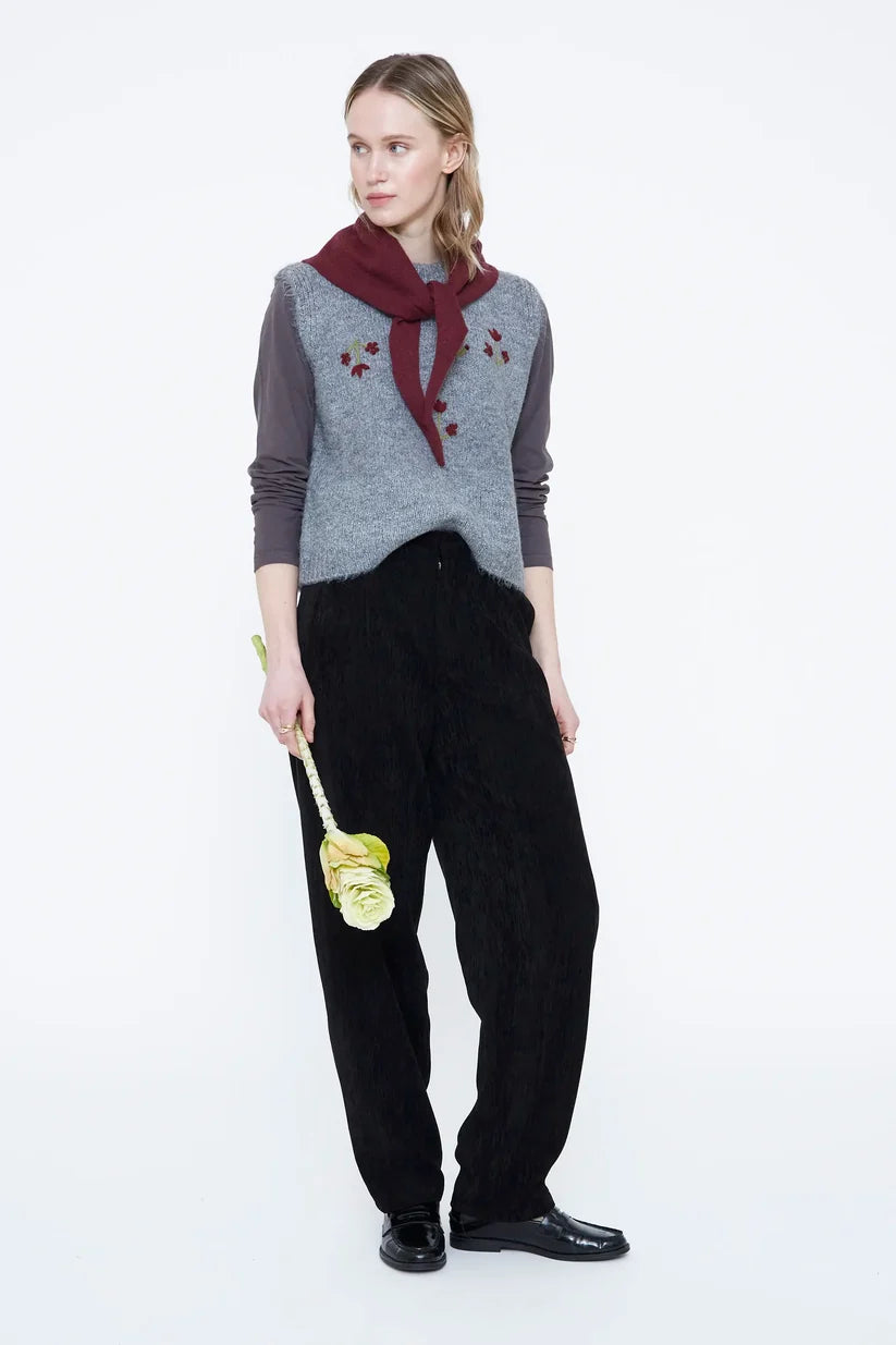 Wild Pony Grey Vest with Red Flower Embroidery