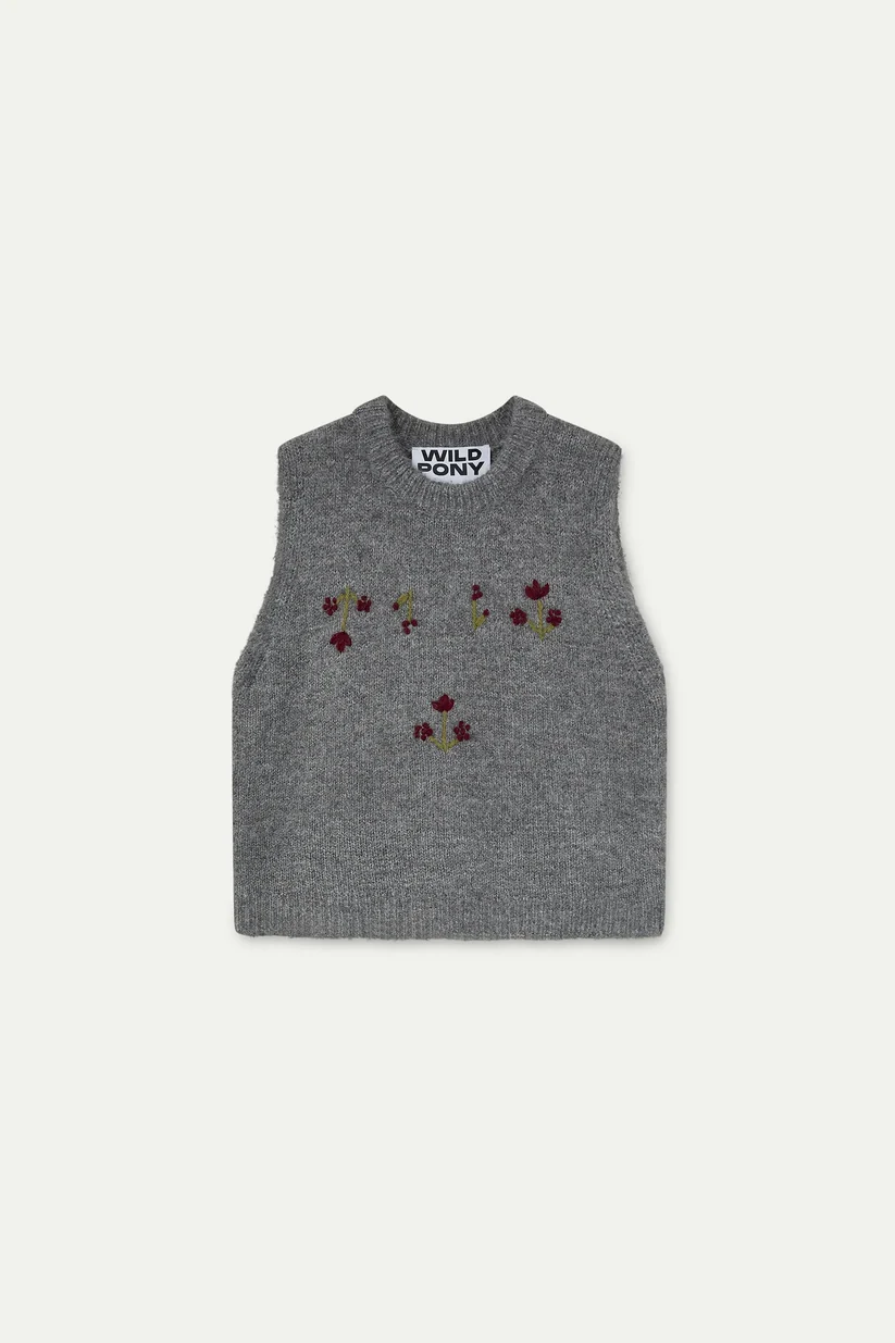 Wild Pony Grey Vest with Red Flower Embroidery