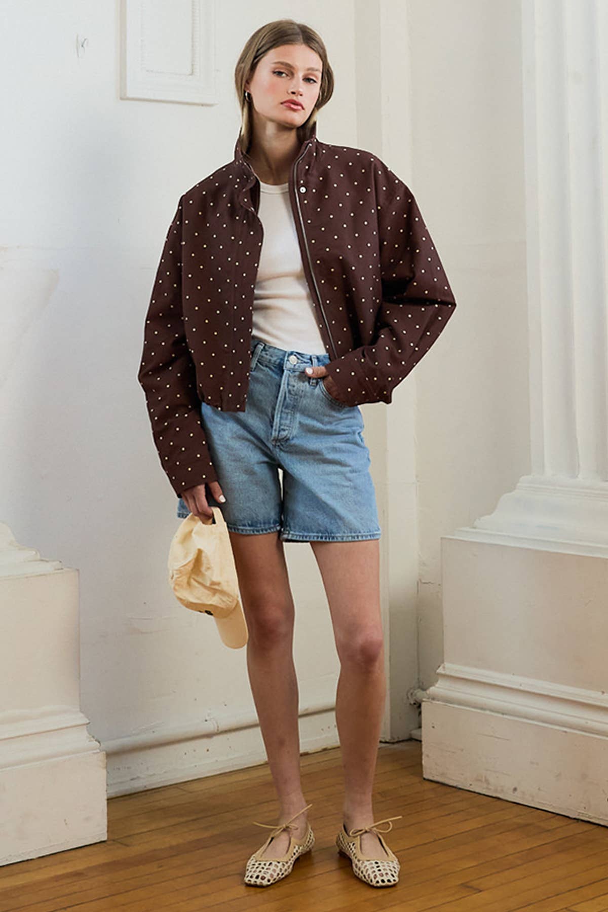 RAISONNEL - Polka Dot High Neck Drawstring Pullover Jacket