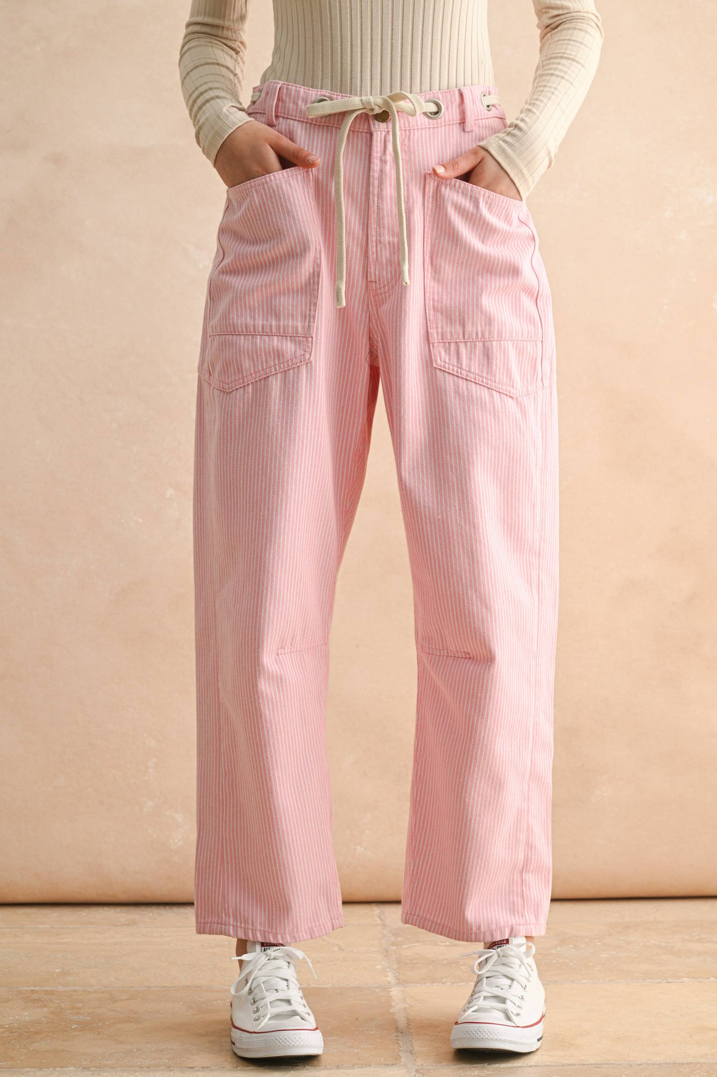 MIOU MUSE - STRIPED BARREL PANTS WITH TIE  IN FRONT