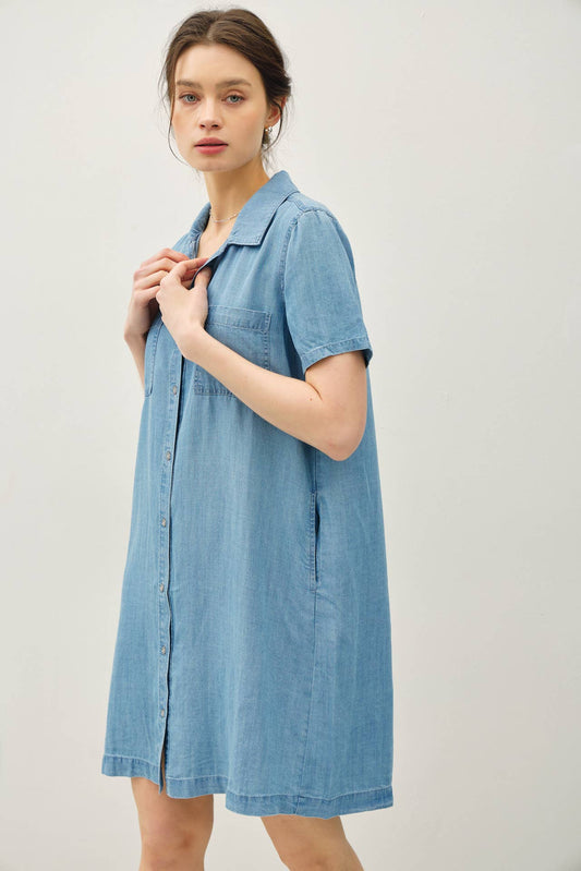 Be Cool - DENIM WASH BUTTON DOWN TENCEL SHIRT DRESS