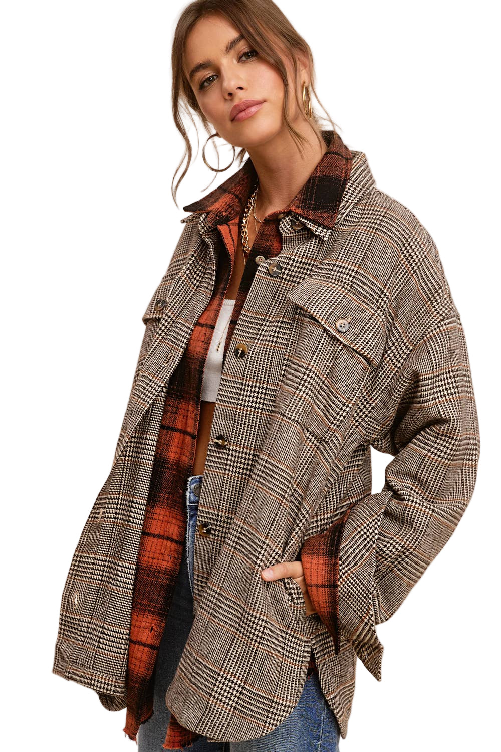 La Miel - Classic Button Down Plaid Shacket with Side Pockets