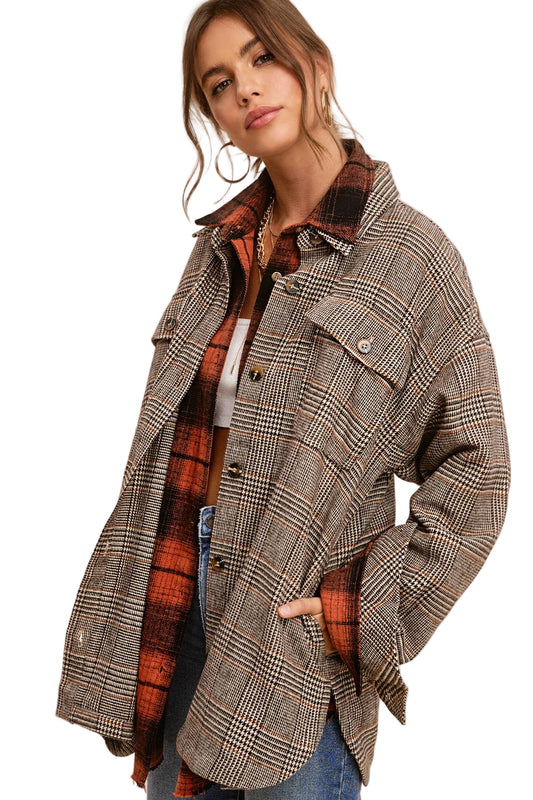 La Miel - Classic Button Down Plaid Shacket with Side Pockets