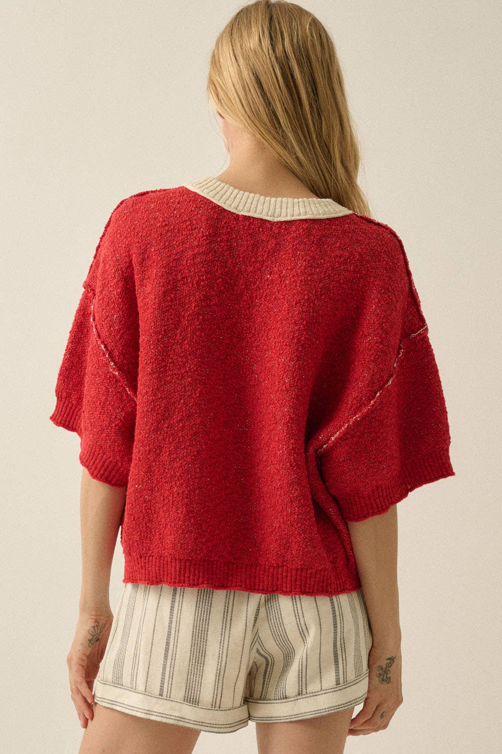 Promesa USA - Three Fishes Textured Jacquard-Knit Short-Sleeve Sweater