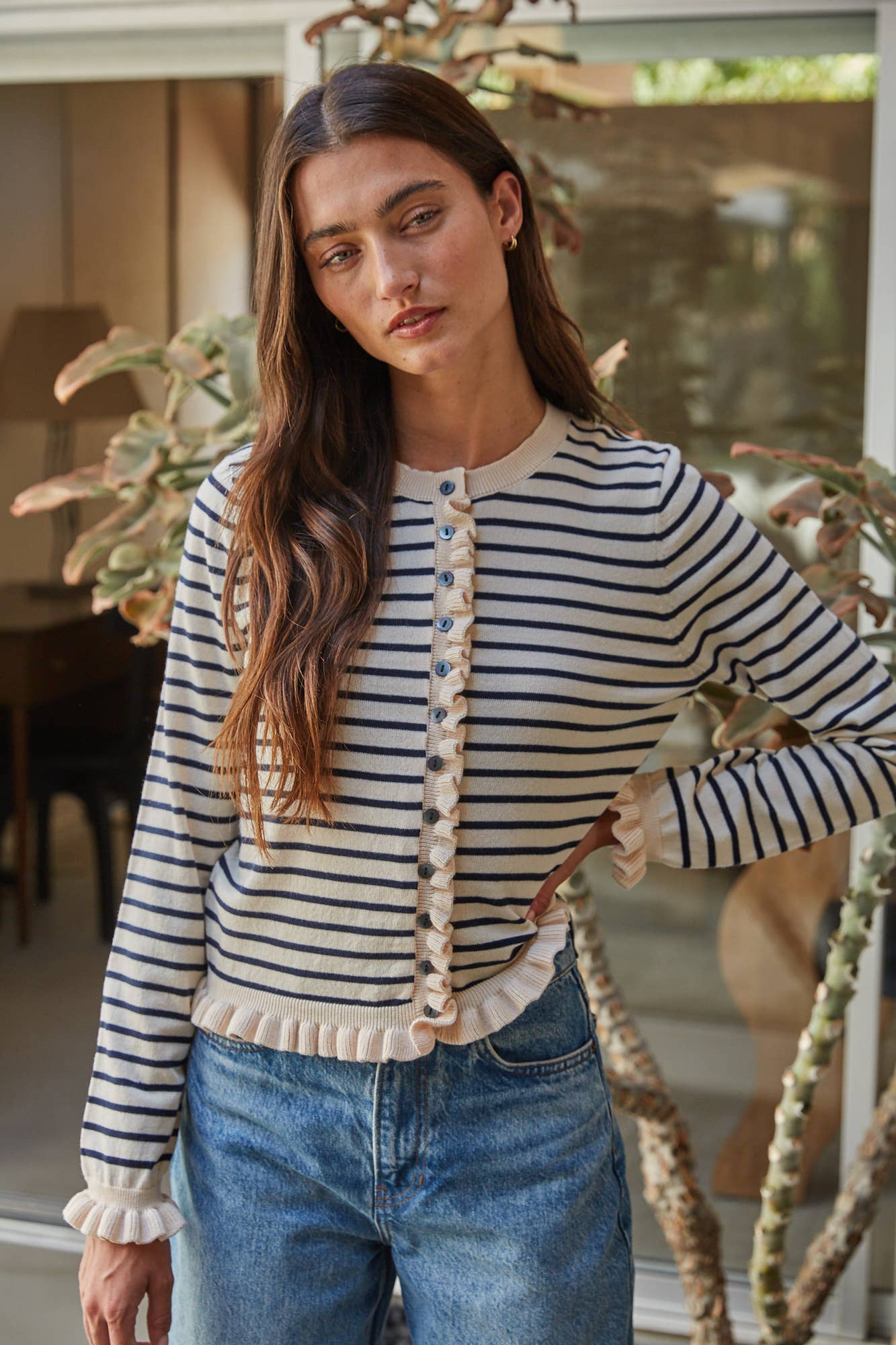 By Together Knit Sweater Cardigan Top With Lettuce Trim Detail
