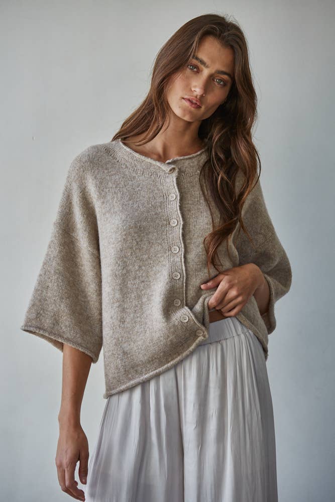 By Together -  Knit Sweater Quarter Sleeve Button Up Cardigan Top