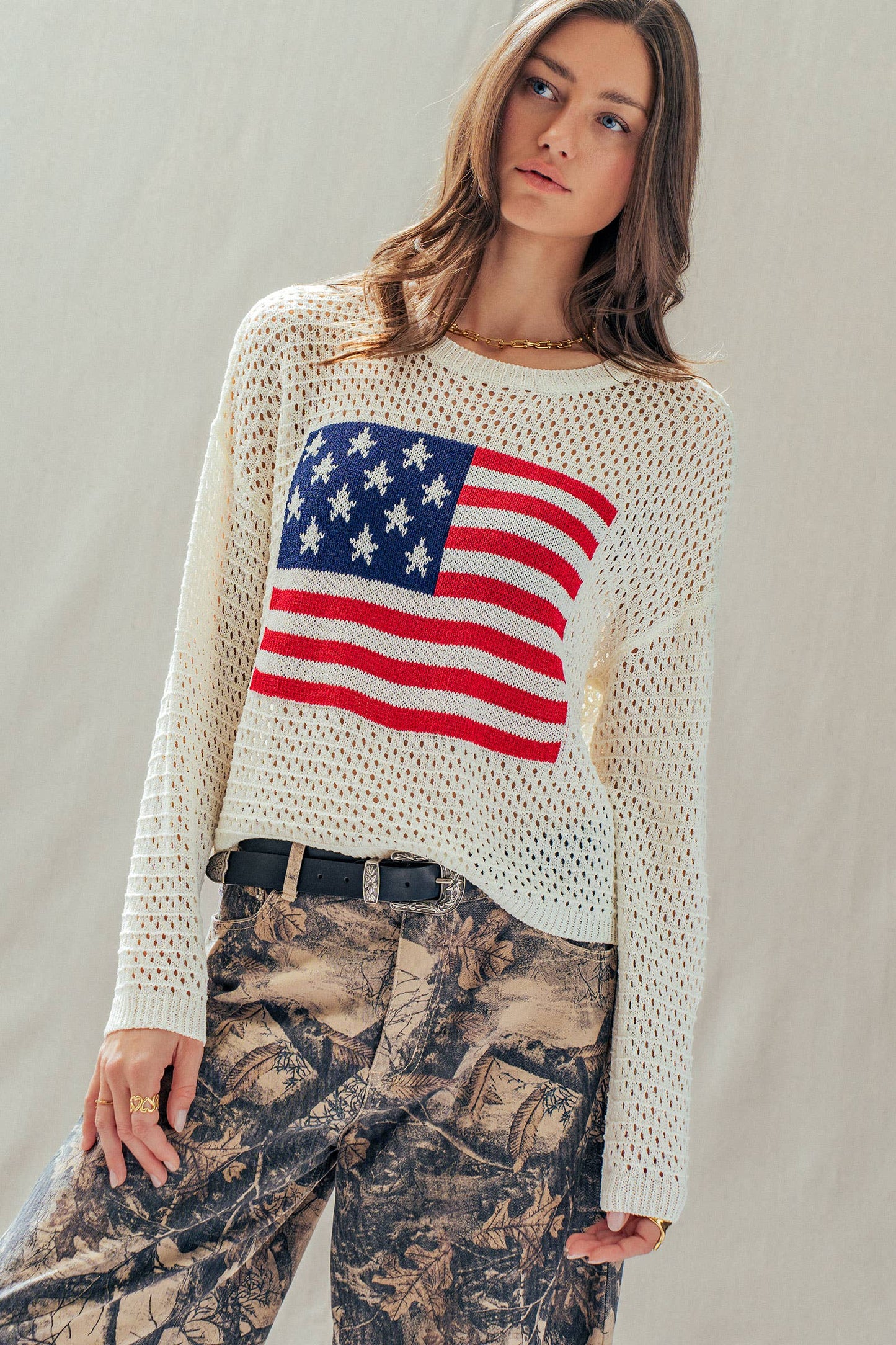 Urban Daizy - Patriotic American Flag Open Knit Sweater