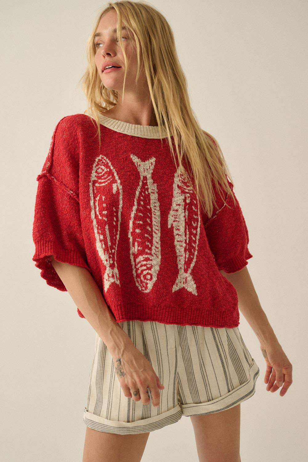 Promesa USA - Three Fishes Textured Jacquard-Knit Short-Sleeve Sweater