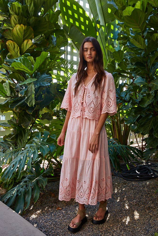 By Together - Woven Cotton Embroidered Waist Banded Ruffled Skirt