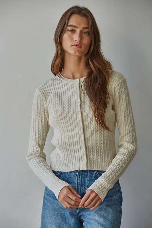 By Together - Knit Cable Sweater Cotton Button Down Cardigan Top