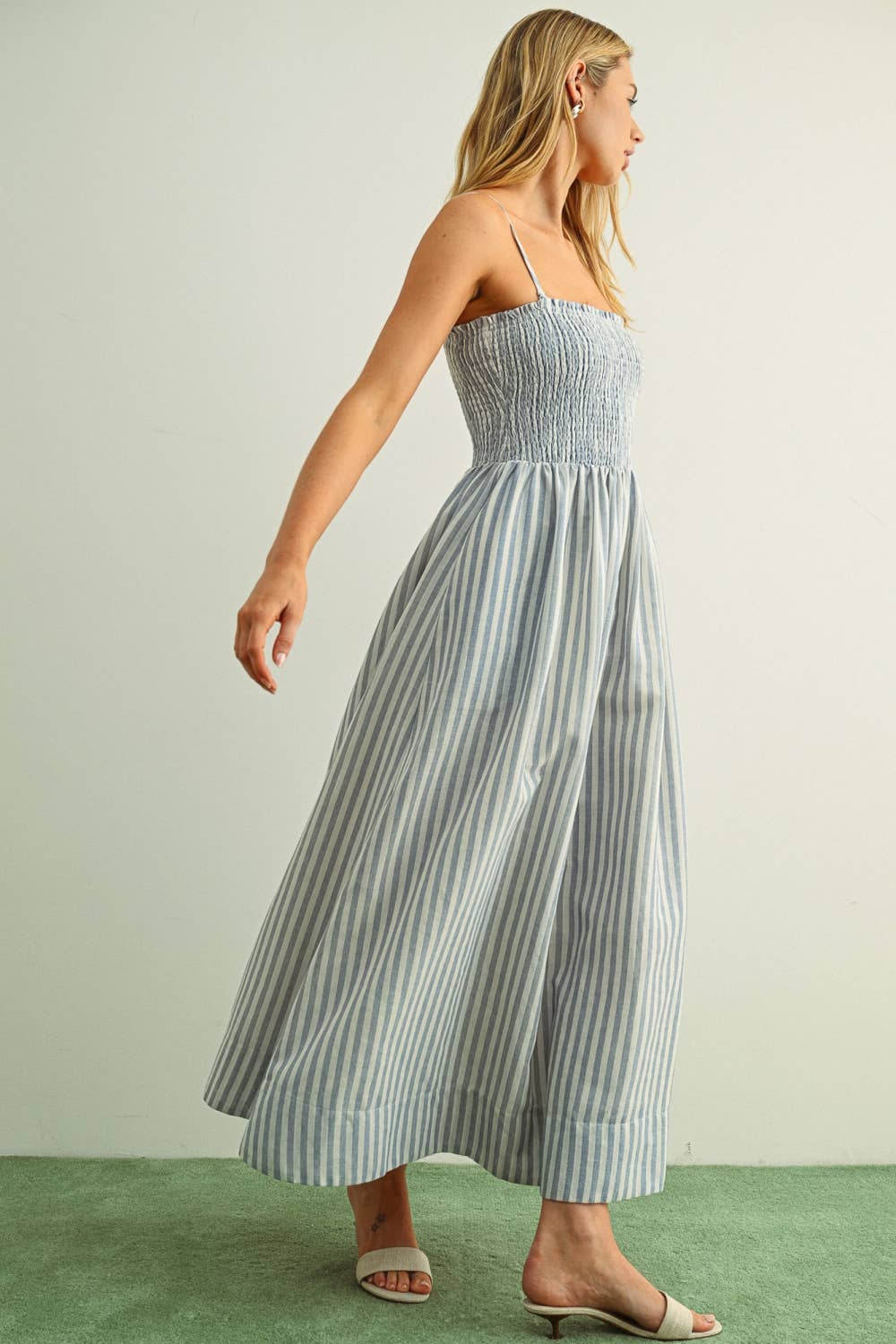 MIOU MUSE -   STRIPED FABRIC WITH SMOCKING TOP MAXI DRESS