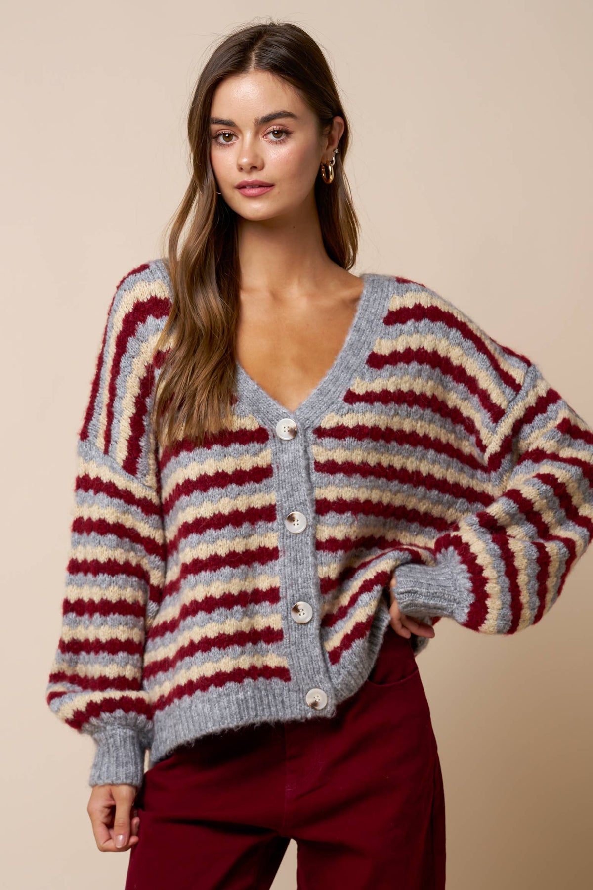 Lalavon - Relaxed Stripe V-Neck Button Cardigan