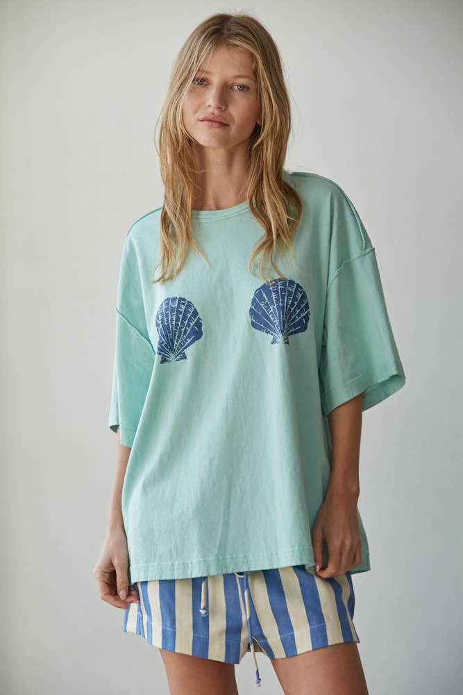 By Together -Knit Cotton Graphic Shell Print Crew Oversized Top