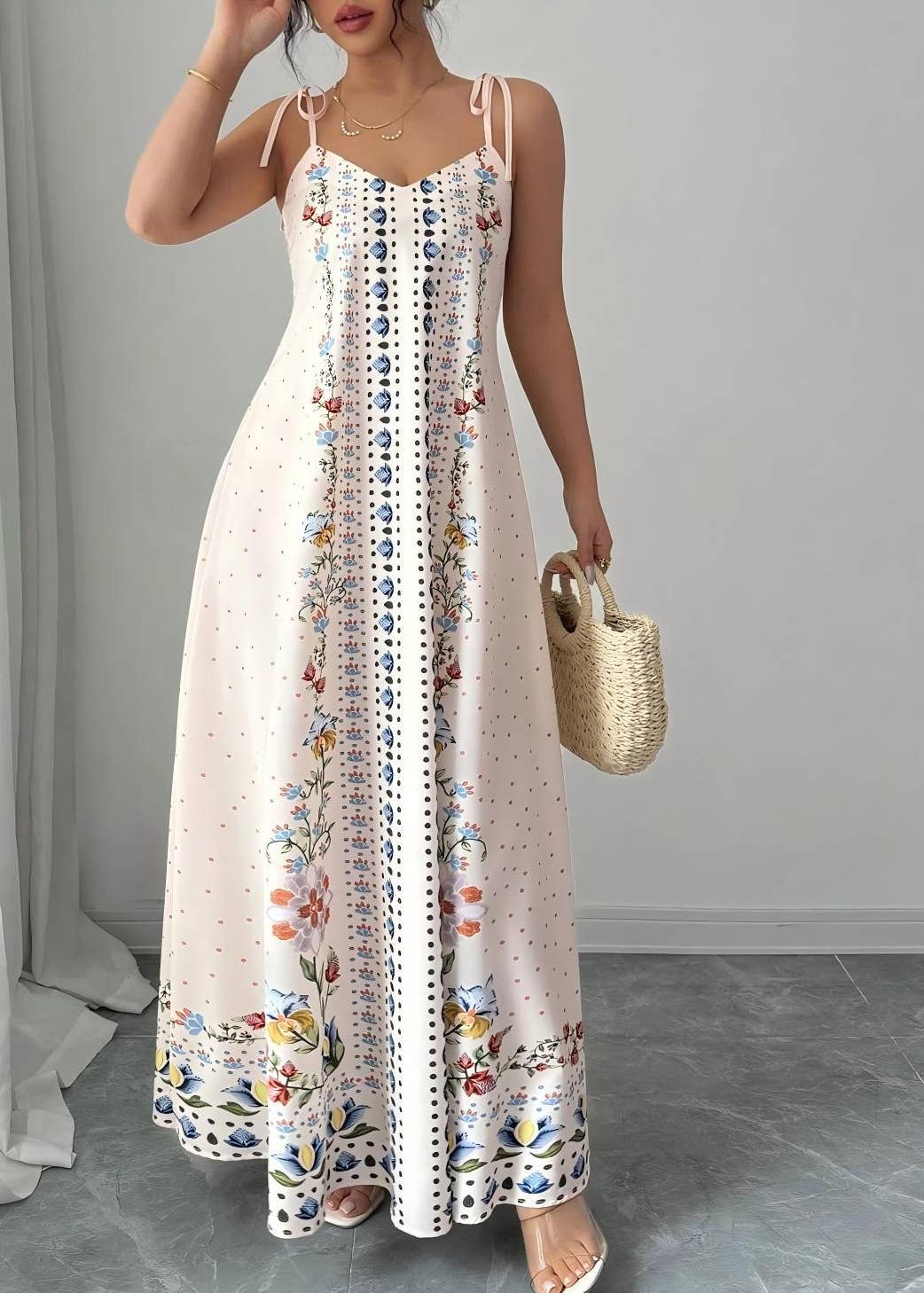 HIDDENBRAND - Vacation Tie Spaghetti Floral Print Strap Maxi Dress