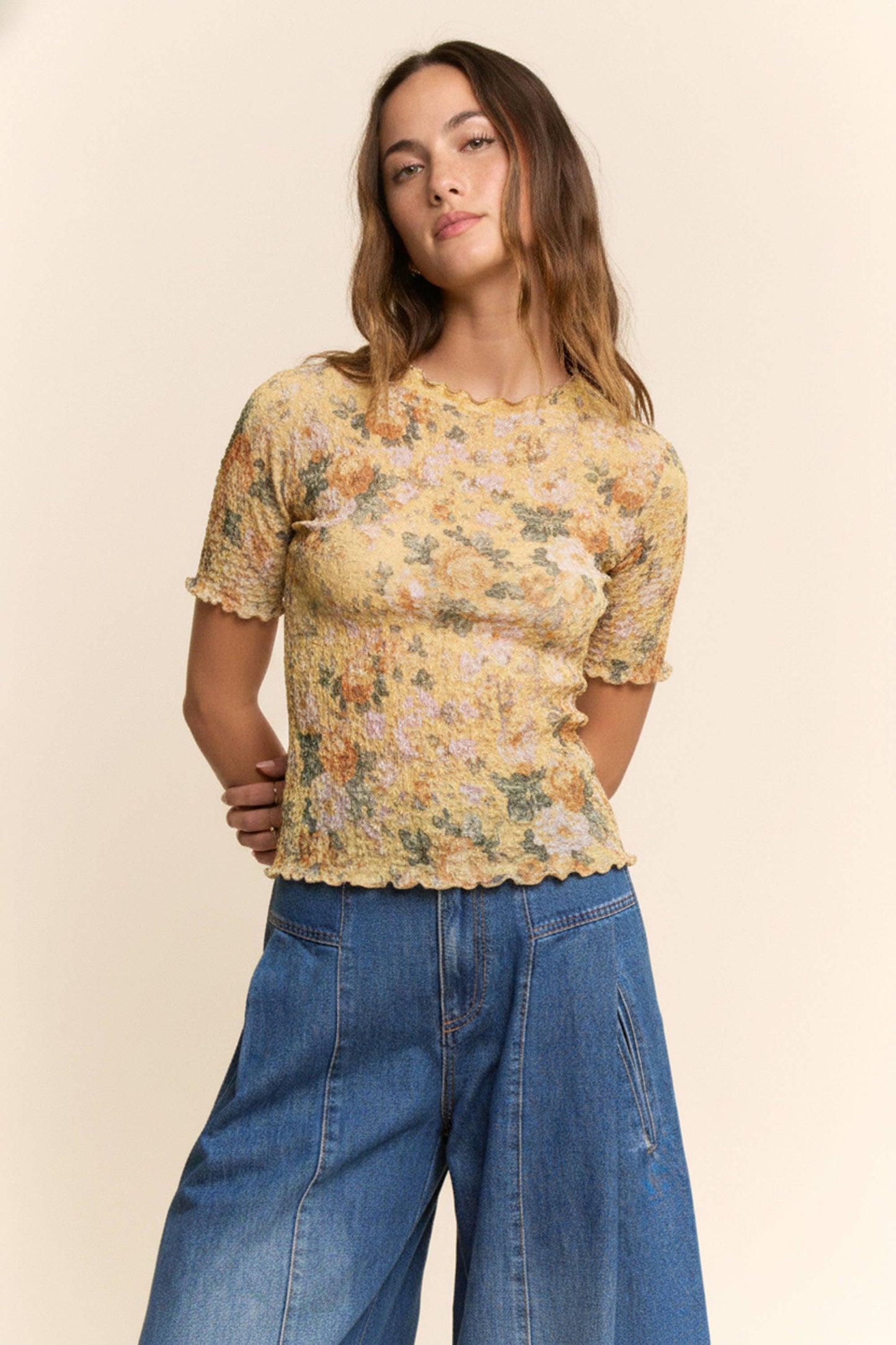 Davi & Dani - LETTUS HEM DETAIL PRINTED MESH LACE TOP