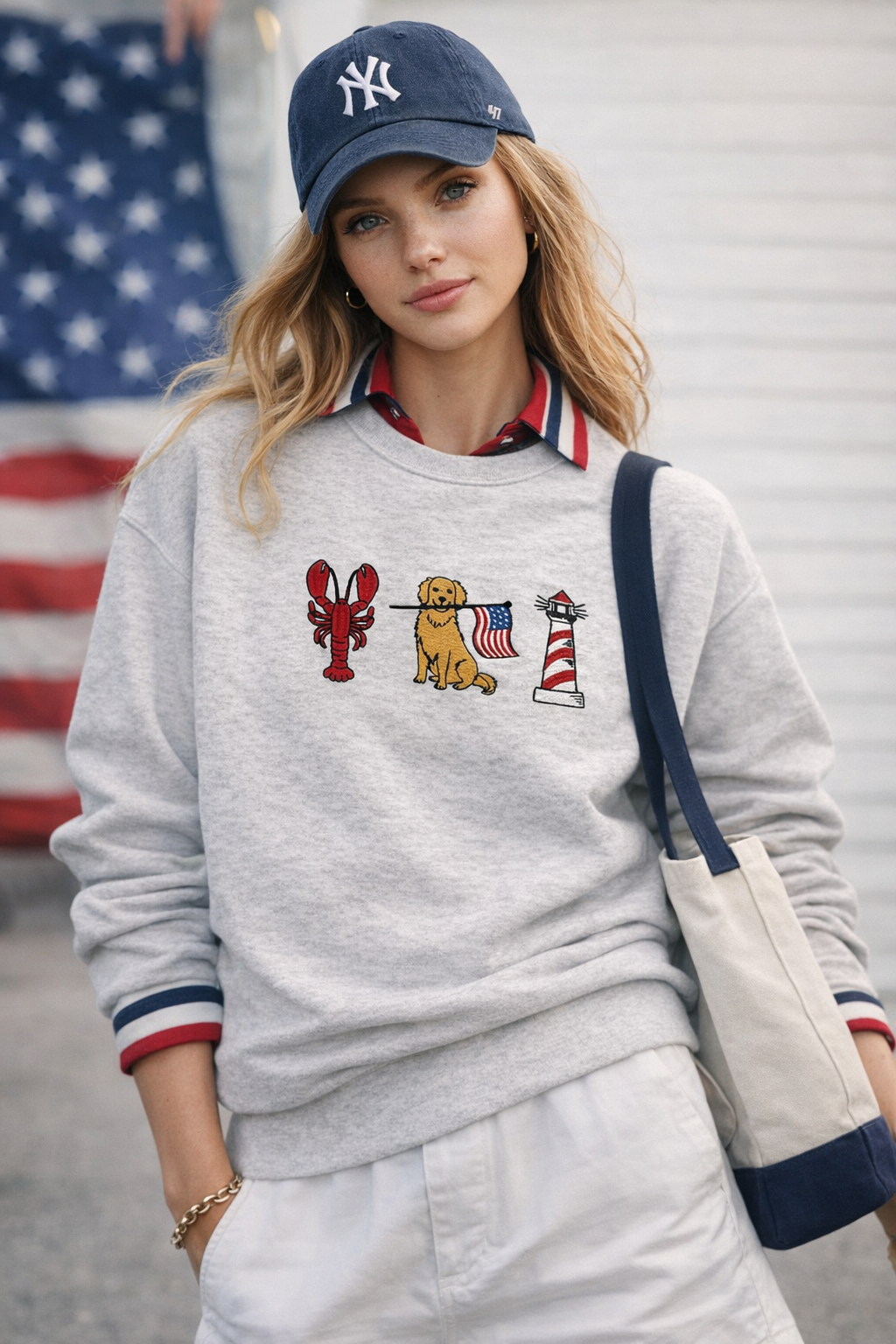 Sweet Claire - Patriotic Retriever Nautical Embroidered Grey Sweatshirt