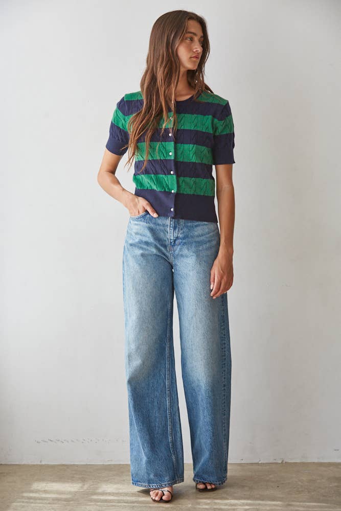 By Together -  Cable Knit Button Down Short Sleeve Cardigan Top