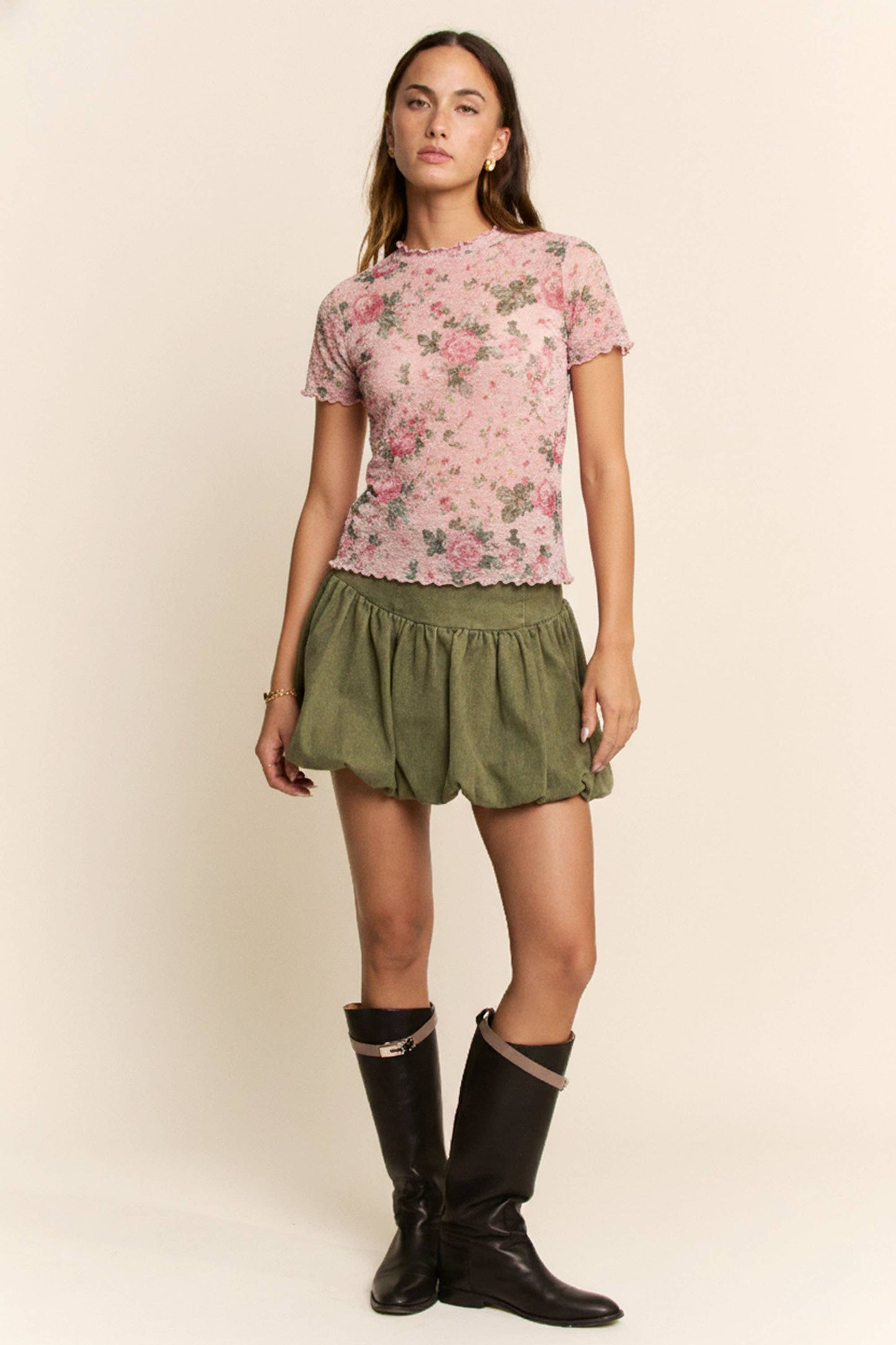 Davi & Dani - LETTUS HEM DETAIL PRINTED MESH LACE TOP