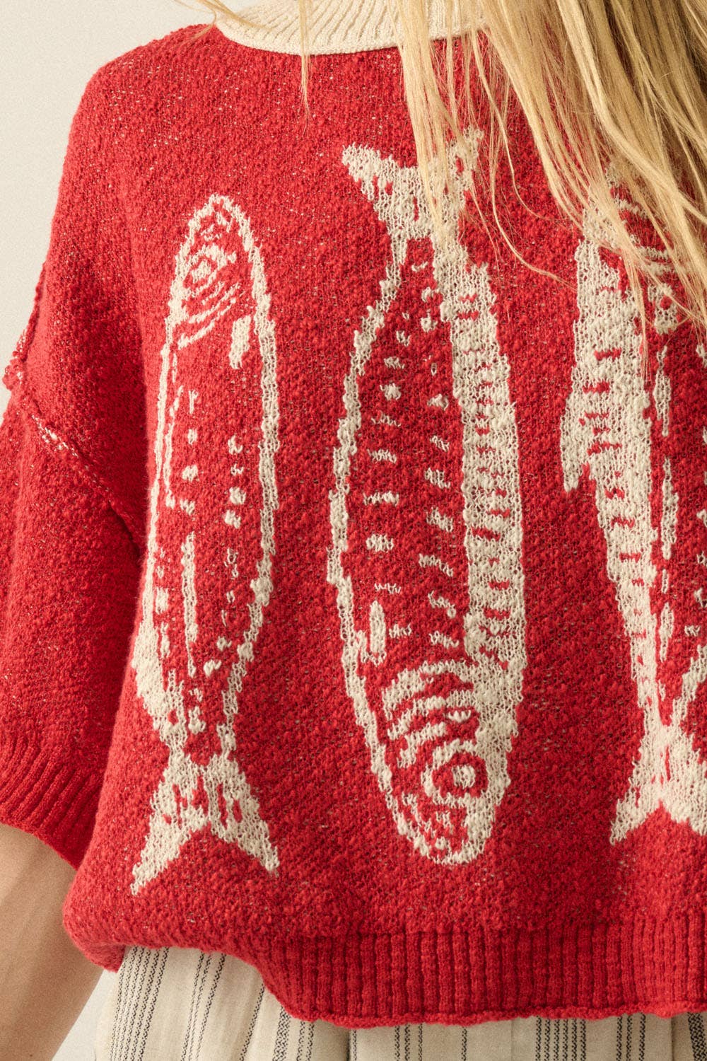 Promesa USA - Three Fishes Textured Jacquard-Knit Short-Sleeve Sweater